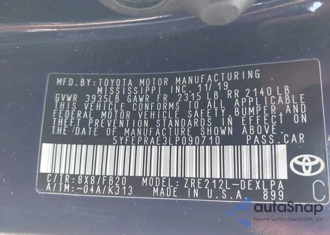 2020 Toyota Corolla Le z USA, uszkodzony, nr VIN 5YFEPRAE3LP090710